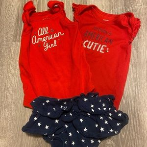 Carter’s 3pc. American Girl 4th Outfits 9M set: 2 onesies, & 1 set star bloomers